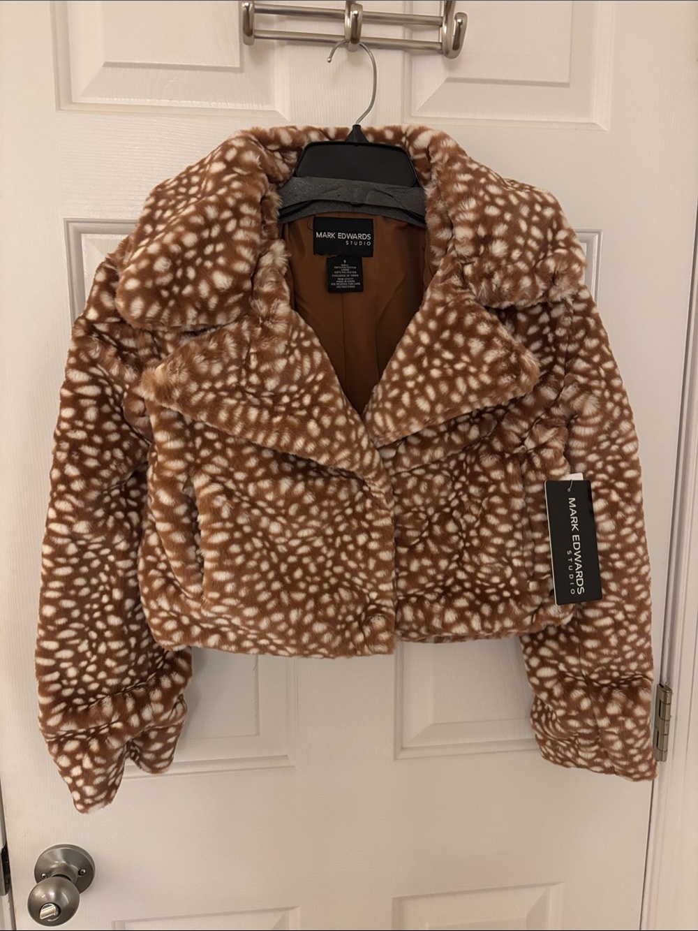 Brown Spotted Faux-Fur Cropped Teddy Jacket